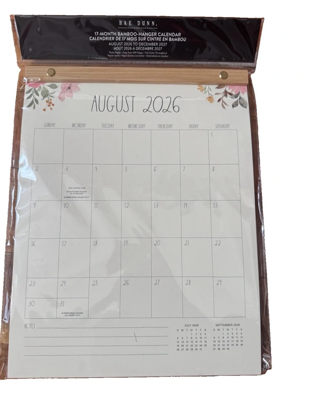 Rae Dunn Calendar 17-month 2027 Bamboo Hanger Calendar Flowers Design 13x10”